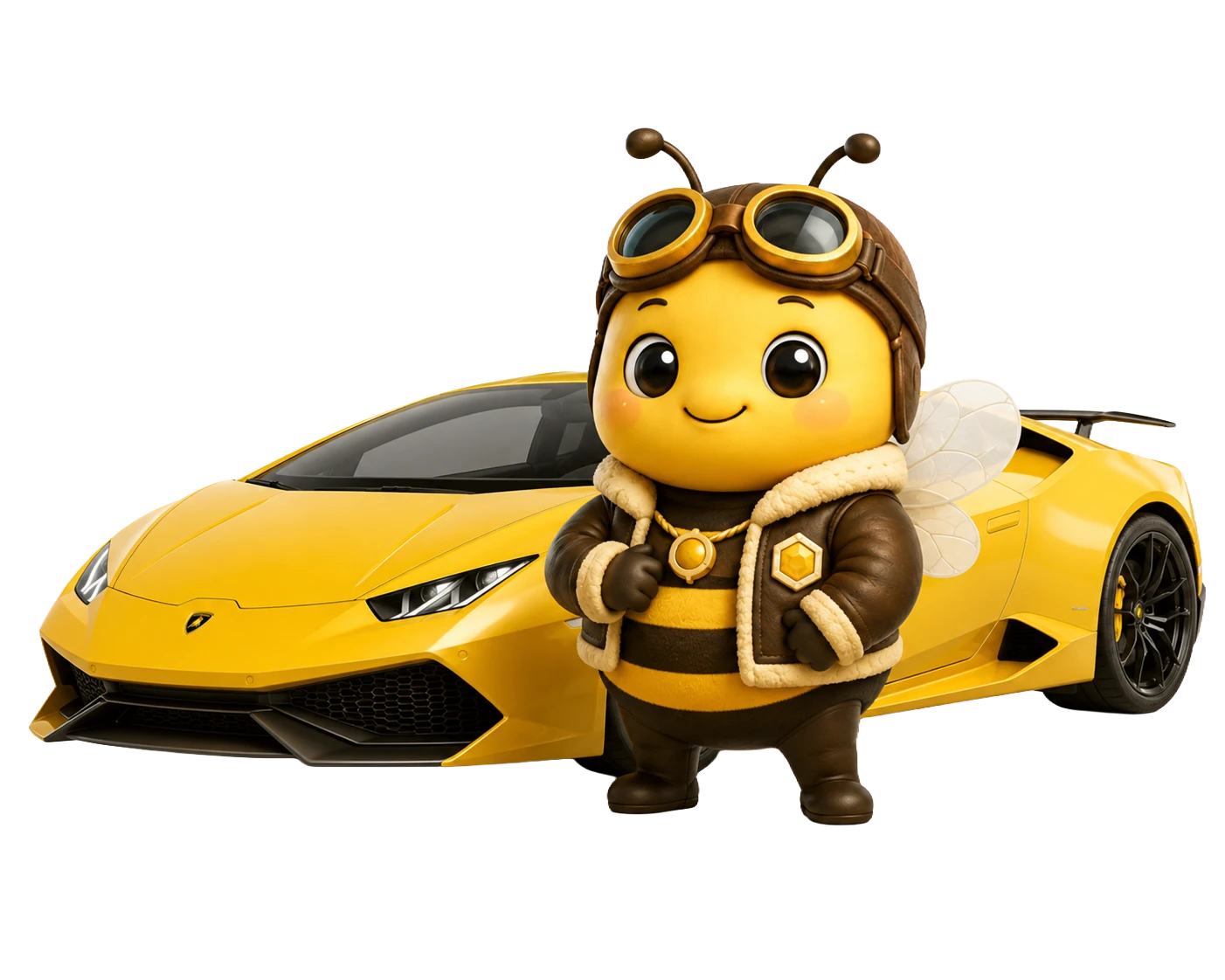 Elite Bee standing confidently beside a yellow supercar