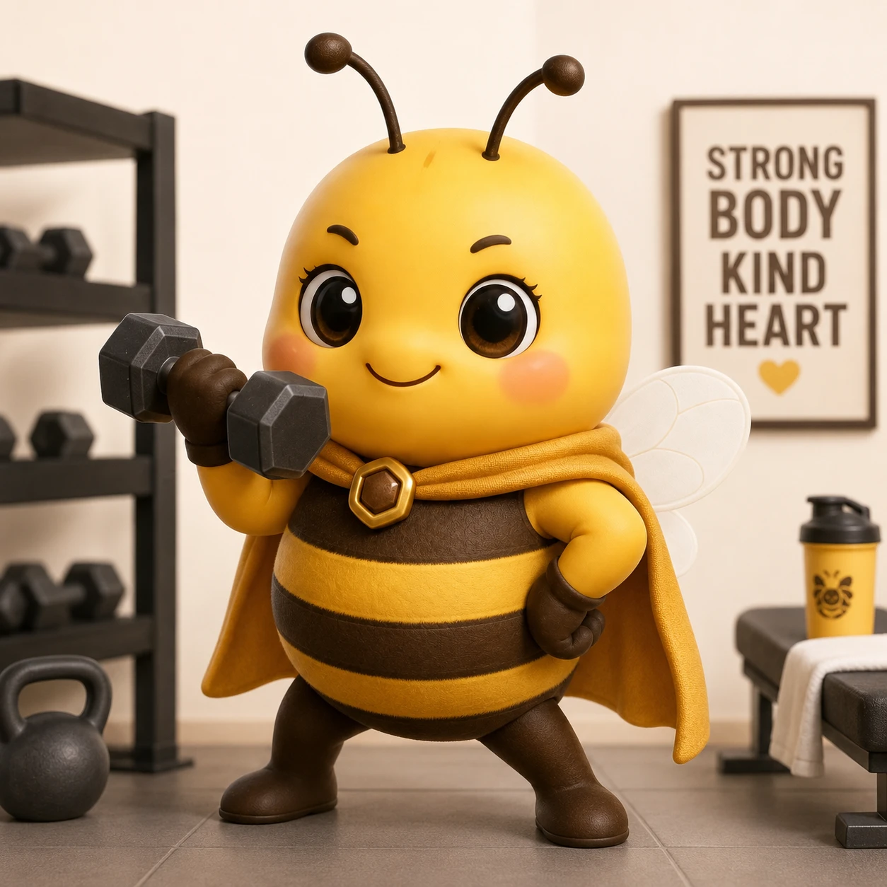 Rookie Bee exercising with a dumbbell in a gym